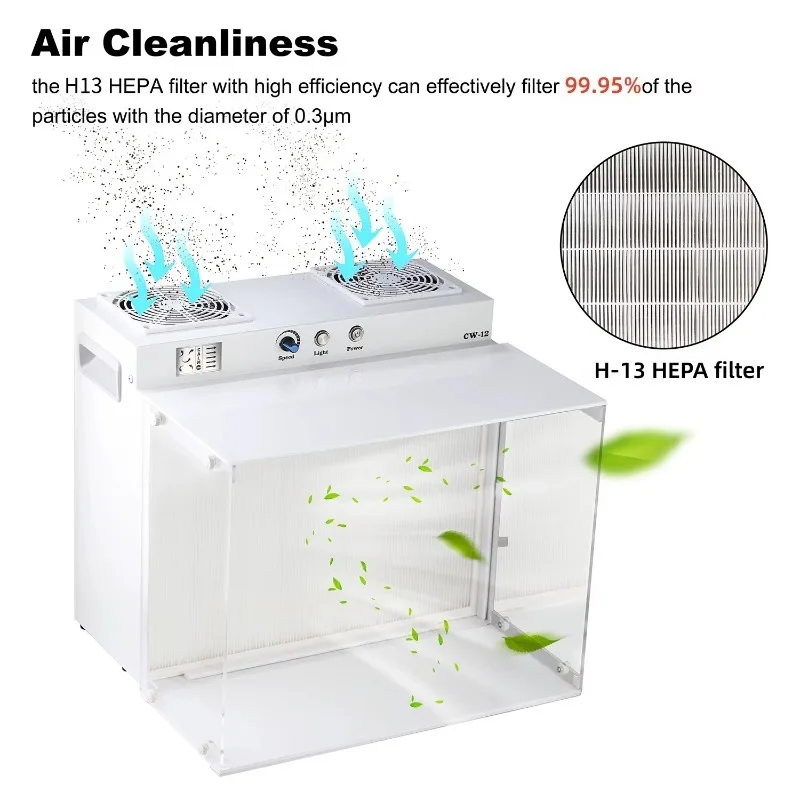 Horizontal Benchtop Laminar Flow Hood H13 HEPA Filter 99.95% Efficiency Metal Clean Workbench Mushroom Tissue Culture Lab Home