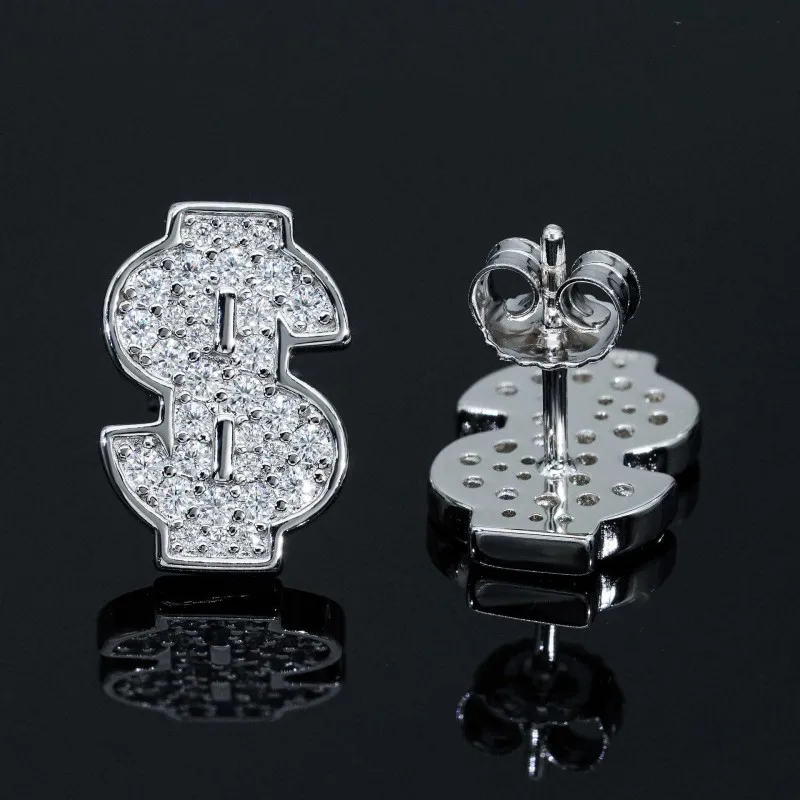 

Dollar Symbol Moissanite Stud Earrings Hip Hop S925 Sterling Silver Women Men Diamond Tester Pass Party Jewelry Drop Shipping