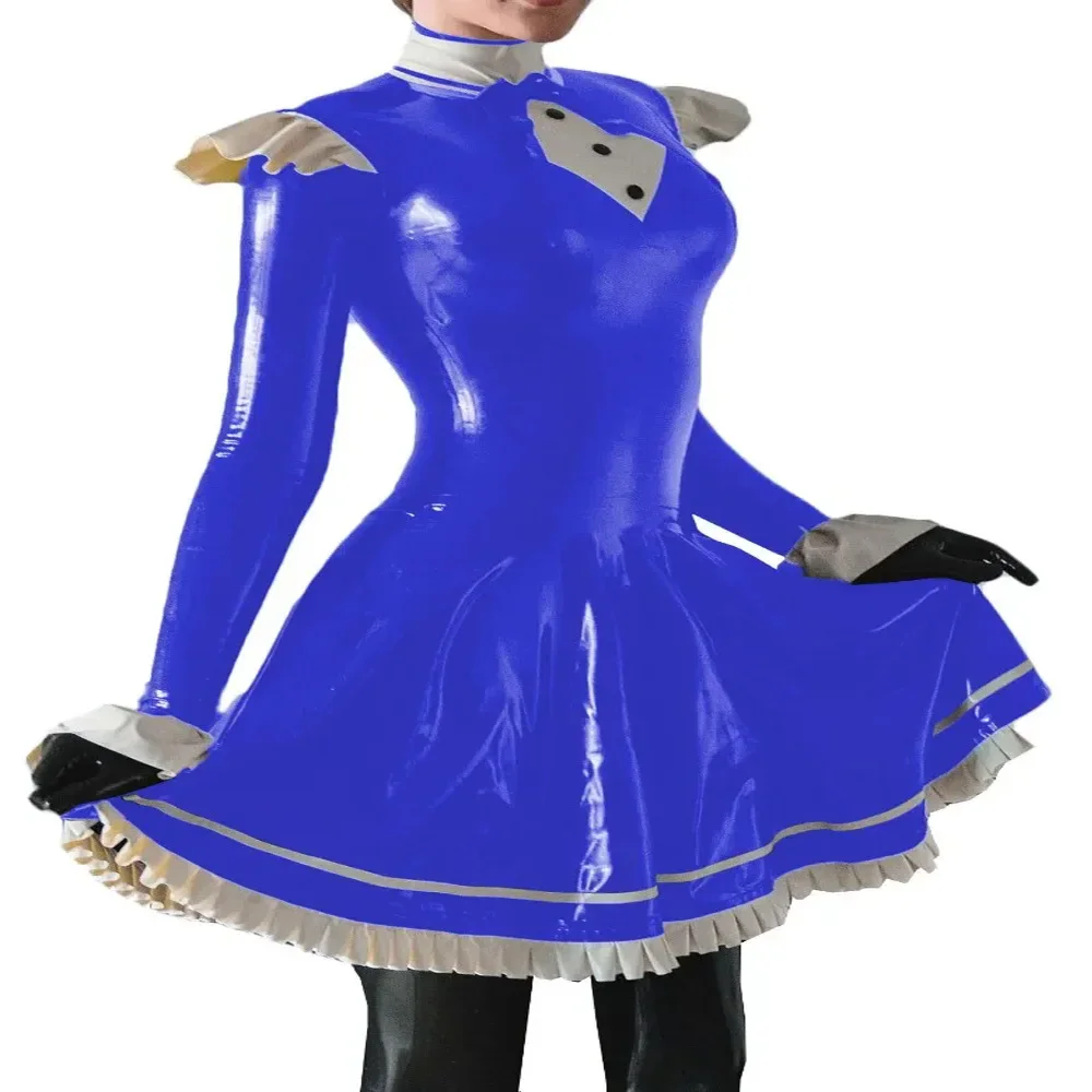 Plus Size French Lolita Dress, Long Sleeve, High Neck Pleated Mini Vestido, Vinyl PVC Leather Ruched, Fantasia Carnival Costumes