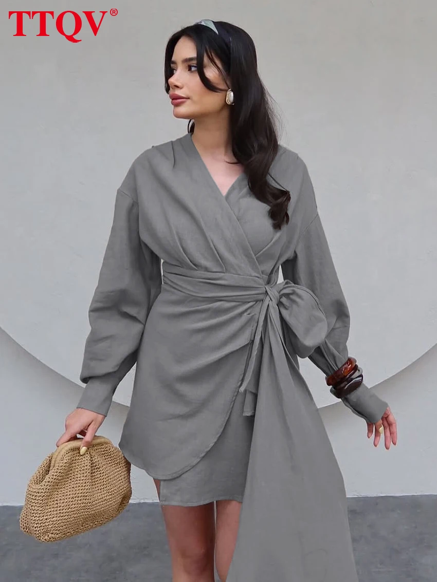 

TTQV Весеннее свободное серое женское платье 2026: Модное мини-платье с V-образным вырезом и длинными рукавами, элегантное классическое однотонное женское платье на шнуровке