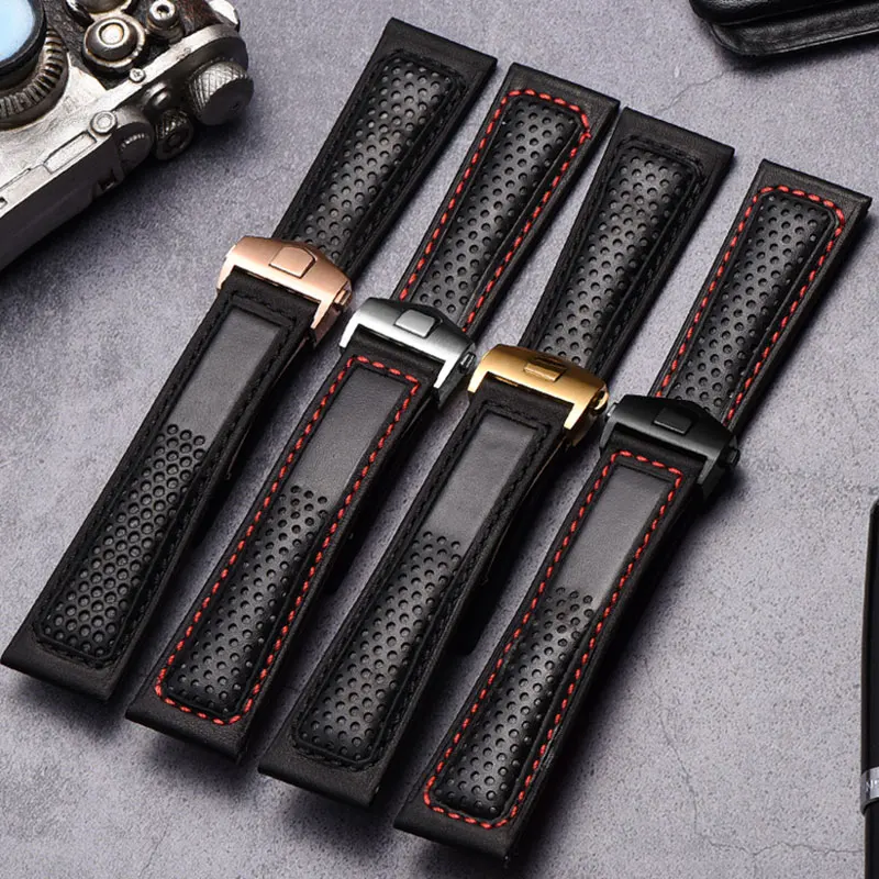 19mm 20mm 22mm cowhide watch strap for tag heuer Carrera Monaco F1 watchband Folding buckle Men‘s black red bracelet with tool