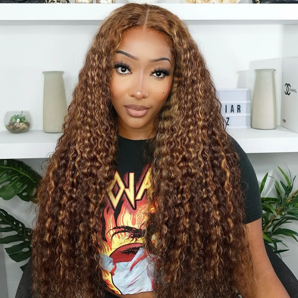 30 40 Inch Highlight Honey 13x4 Lace Front Curly Wig 4/27 Ombre Brown Deep Wave 13x6 HD Transpare Lace Frontal Human Hair Wigs