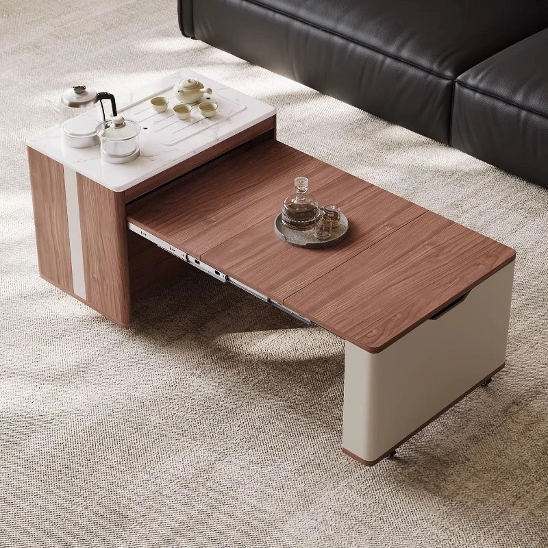 Medieval style coffee table folding and retractable small apartment living room household trolley lifting solid wood sofa