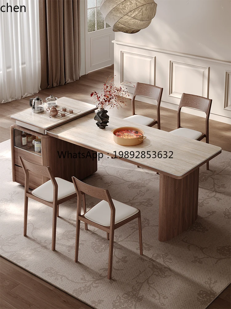 dining table integrated retractable household small apartment retro solid wood rock board dining table and chair combination
