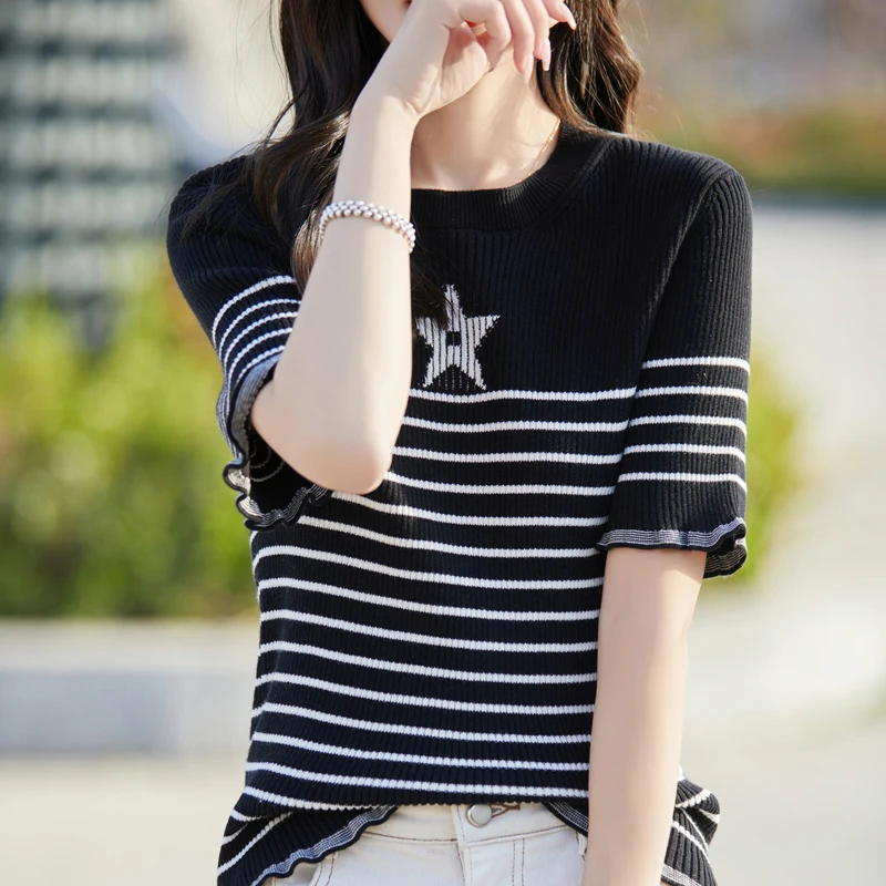 Feminino o-pescoço listra camisola de malha verão casual preto pulôver manga curta camisetas coreia moda feminina topo