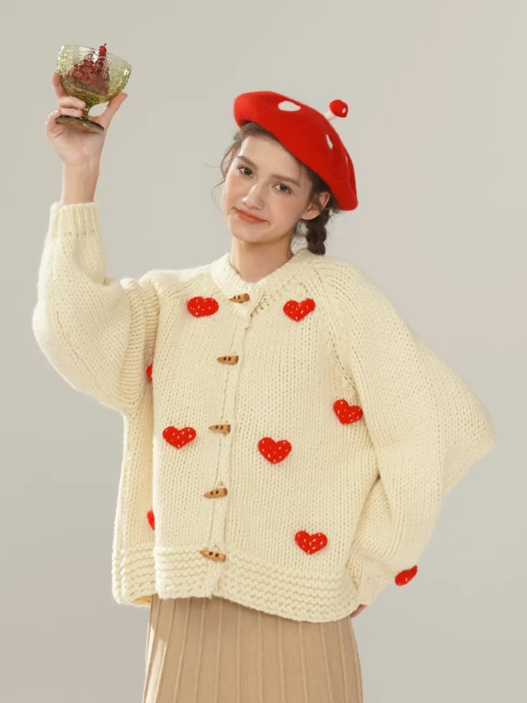 

118cm Bust Fall Winter Cashmere Wool Knitted Cardigan Sweaters Women Elegant Handmade Crochet Red Hearts Sweet Apricot Sweaters
