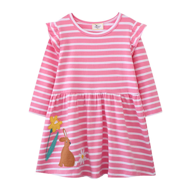 Jumping Meters Princess Girls Bunny Striped Long Sleeve Dress 2-7T Autumn Spring Lovely Baby Girls Party Costume Kids Frocks