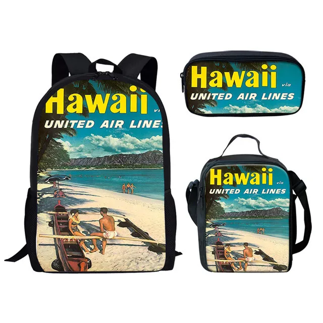 Tas punggung 3 buah/set pemandangan pulau Hawaii musim panas tas sekolah Gambar cetak lanskap tas buku siswa tas makan siang remaja kotak pensil