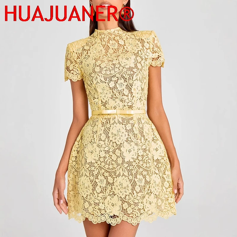 Fashion Perspective Lace Women's Party Dress New Elegant O Neck Short Sleeved High Waist Dress Yellow Bow Tie Up Banquet Dresses - Image 2