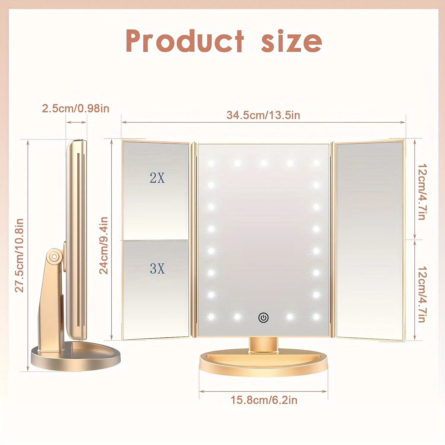 LED Trifold Makeup Mirror with Lights, 10X Magnification, 180° Rotating, Portable Control - Women's Perfect Gift