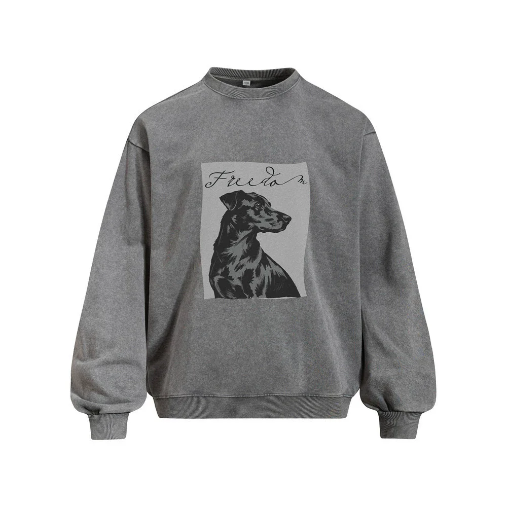 Men's Vintage Wash Dog Printed Sweatshirt Oversized Pullover Casual Streetwear Top Spring Autumn