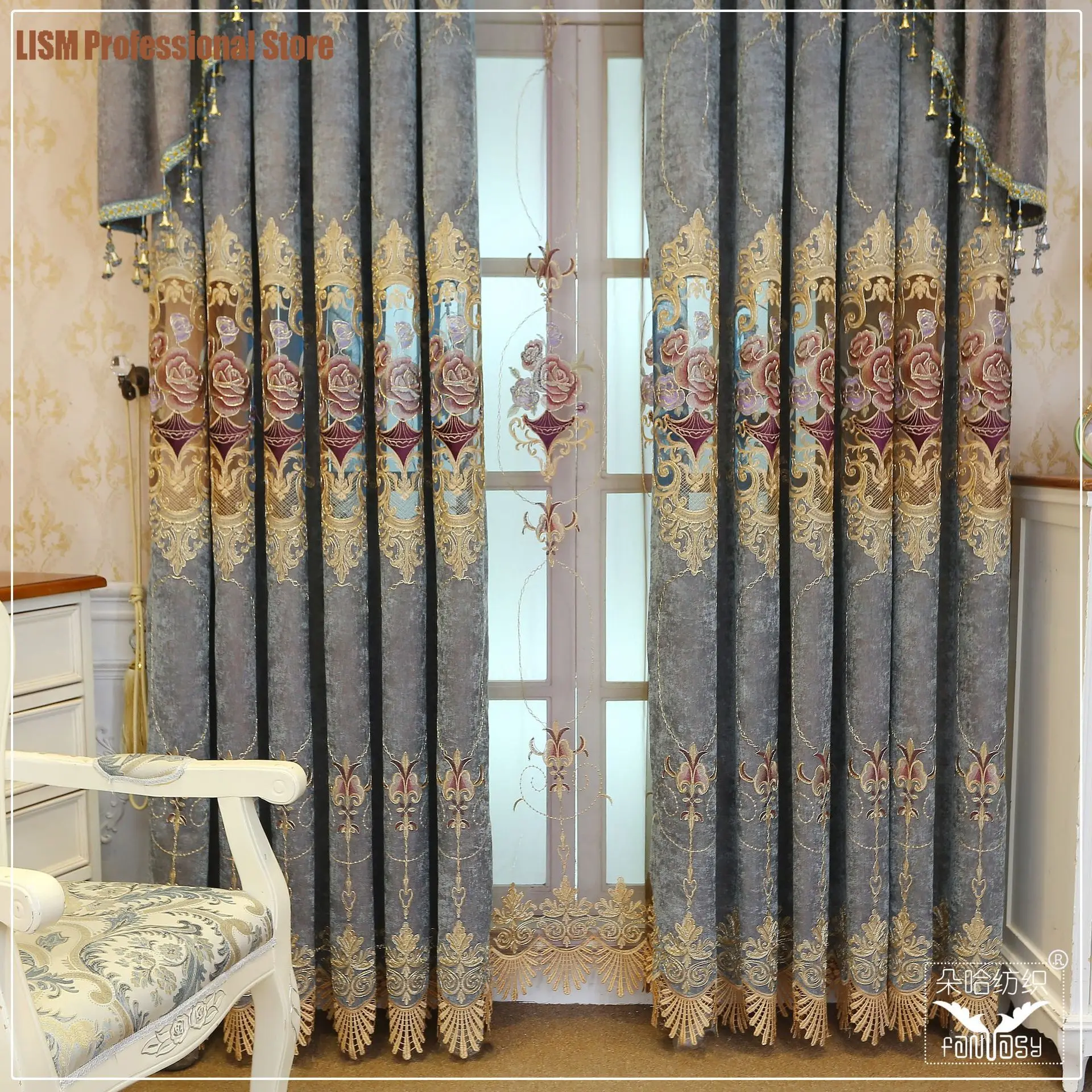 European Style Curtains for Living Room BedroomLuxury Jacquard Chenille Peony Embroidered Curtain Finished Product Customization