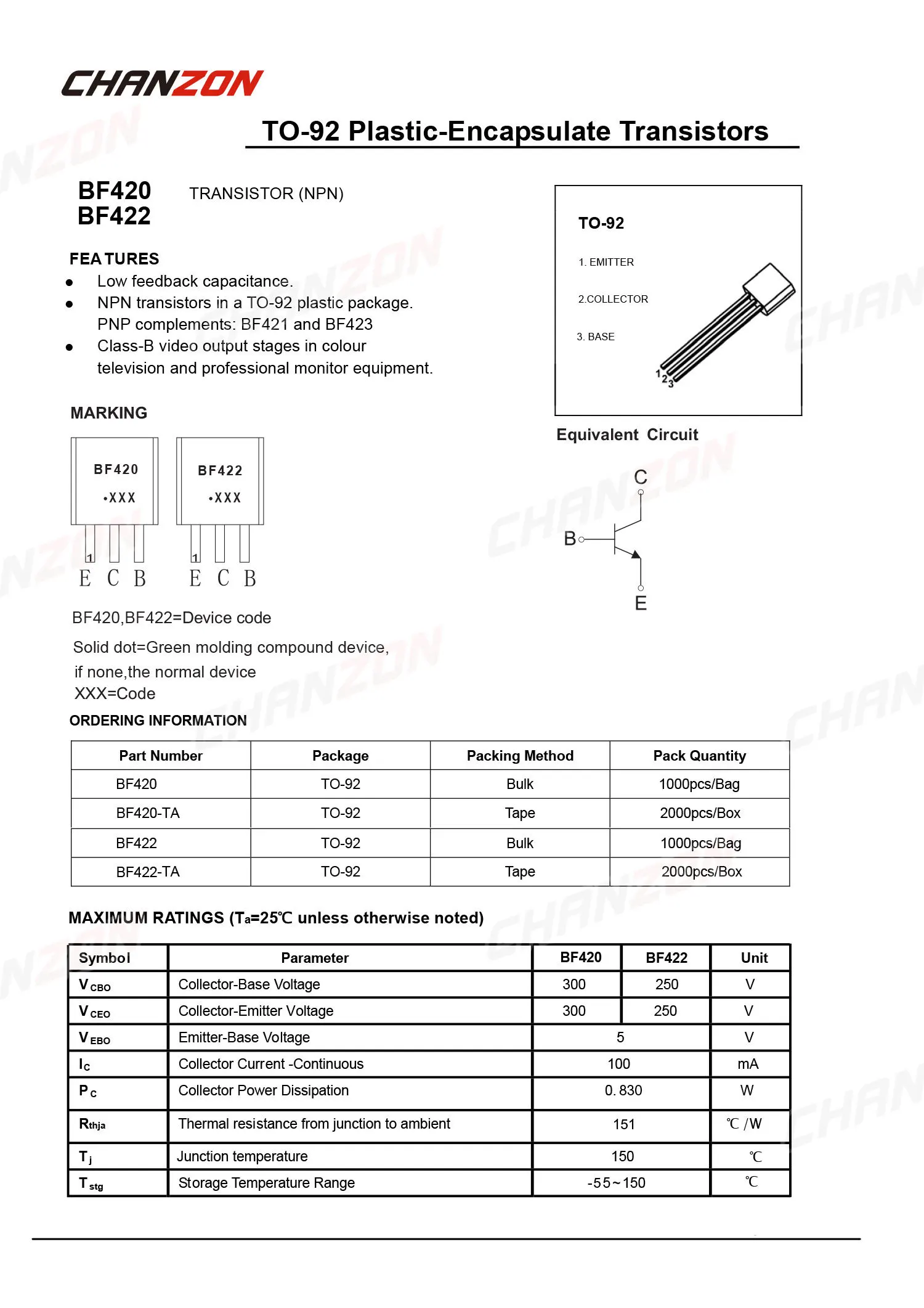 100Pcs BF422 TO-92 NPN Transistor Bipolar Junction BJT Triode Tube Fets 100mA 250V BF 422 Integrated Circuits