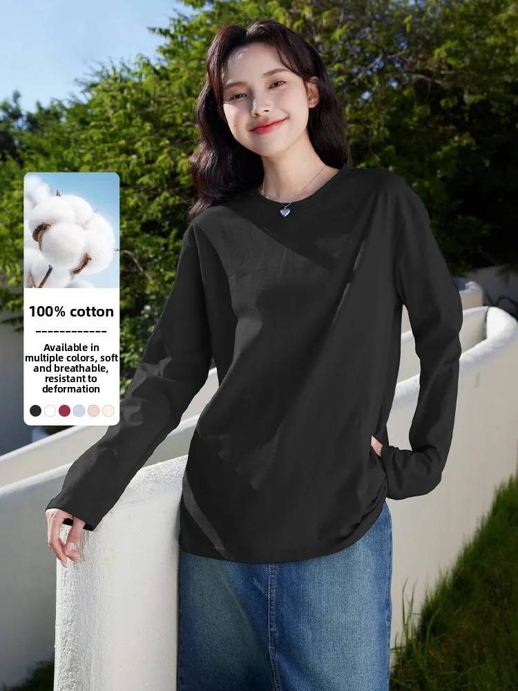 เสื้อยืดผู้หญิงทรงหลวม ผ้าฝ้ายแท้ แบรนด์ Bal Pure Cotton รุ่น Ne Long Sve สีเบจ สำหรับใส่เป็นเสื้อตัวในช่วงฤดูใบไม้ร่วง