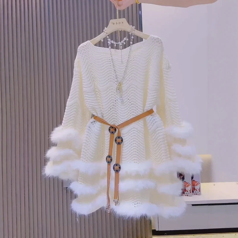 

Women's Autumn Knitted Sweater Dress French Imitation Mink Velvet Mid-Length Casual Lazy Style Chic Pullover Y2K Top