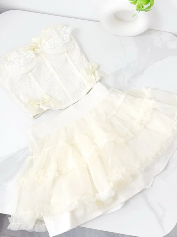 

2026 Summer Casual elegant 2 piece set women Bowknot Tube Top High Waist Tulle design mini skirt suit Chic holidayTravel outfits