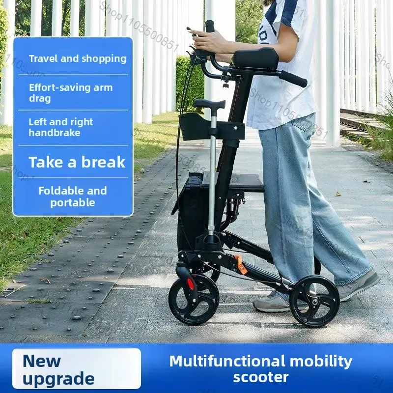 The elderly have limited mobility, push the scooter, walker can sit out, four-wheel shopping cart folding auxiliary walker