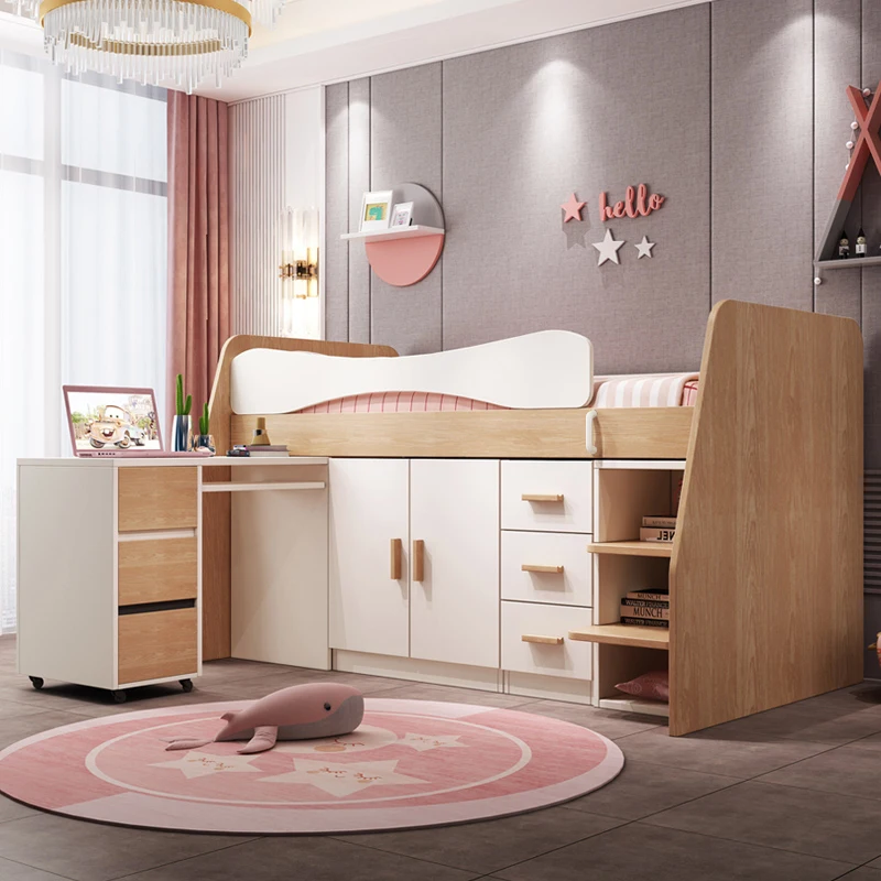 Factory Direct 2026 Desk bed integrated multi-functional children's bed half high  small apartment with guardrail wardrobe boy s