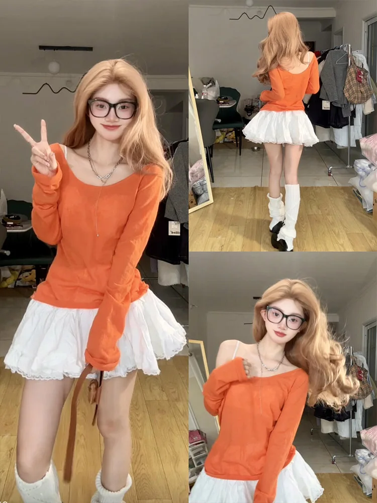 

Оранжевый вязаный свитер с длинными светями и оранжевыми оulderми, женский ранний весенний новый верхний ленивый слэ, внутренняя одежда, дизайн...