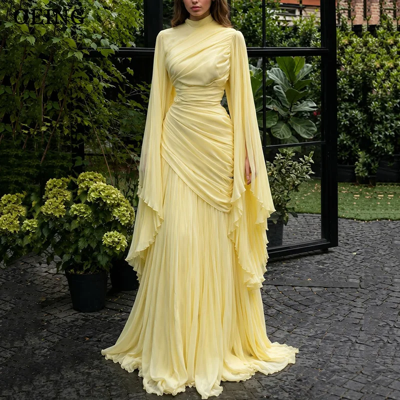 OEING Einfache A-Linie-Abschlussballkleider, gelb, hoher Ausschnitt, plissiert, Maxi-Abendkleider mit langen Ärmeln, Damen-Gala-Kleid aus Dubai, maßgeschneidert