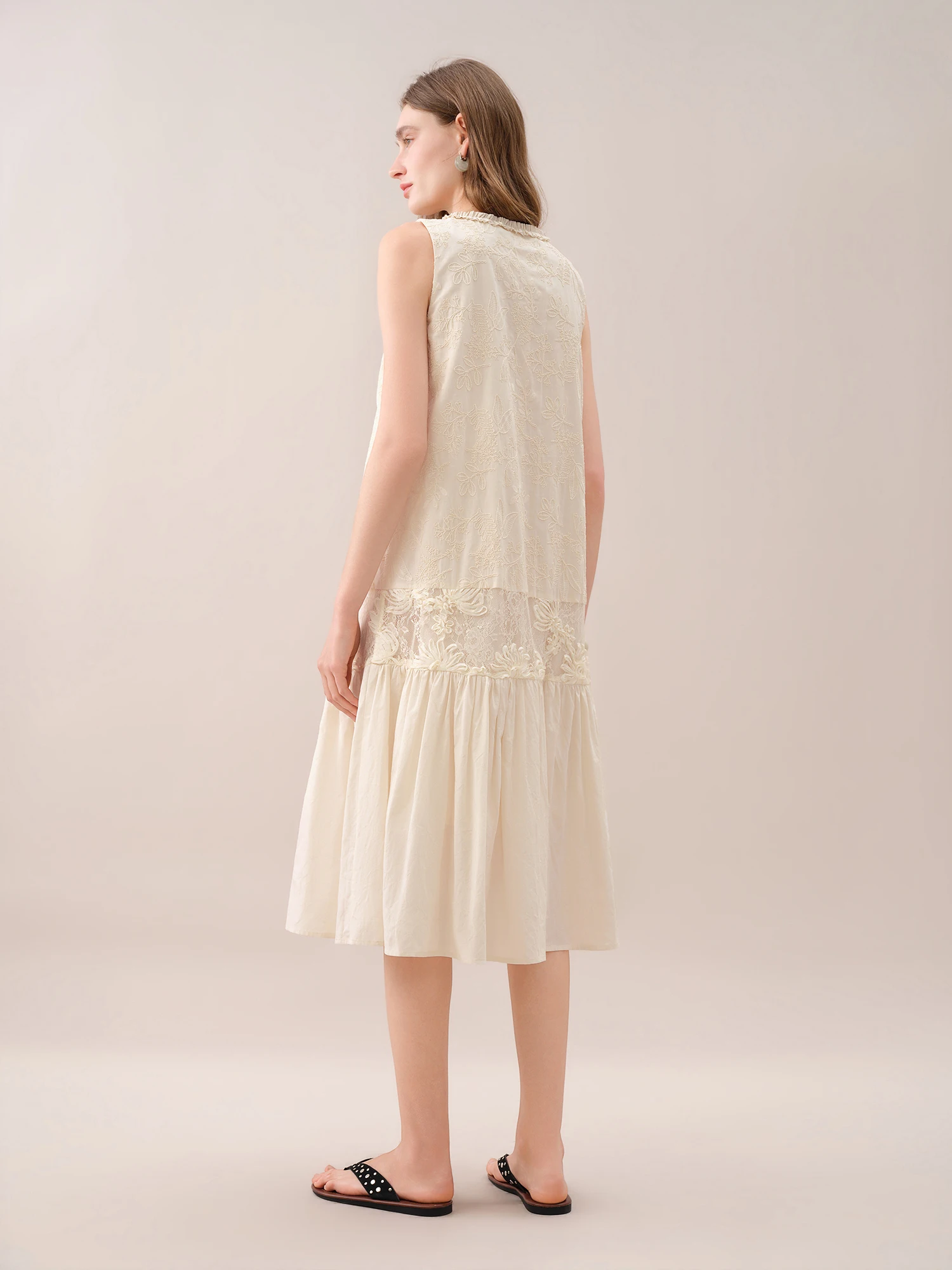 Patchwork Embroidered Sleeveless Cotton Midi Dress for Women