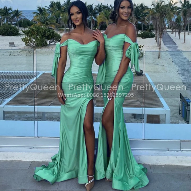 Mint Green High Split Bridesmaid Dresses Long Pleat Mermaid Off Shoulder Customized Sexy Women Trumpet Wedding Party Dress