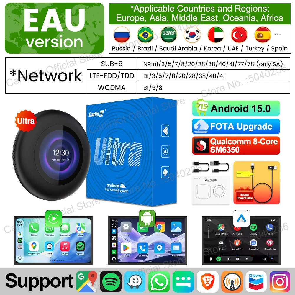 CarlinKit 5G LTE Android 15 TV Box Tbox-Ultra3 WiFi6 SM6350 8-Core Draadloze Android Auto CarPlay LCD Scherm voor Netflix IPTV BMW