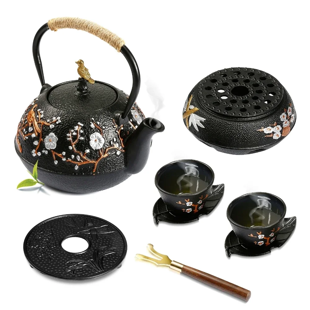 Cast Iron Teapot Set with Alcohol Stove / Teapot Pad 720ml Kettle 4Pcs 120ml Cups for Charcoal Induction Electric Pottery Stove