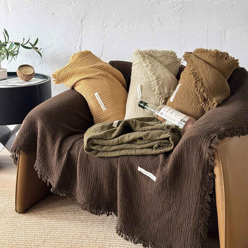 Maillard Coffee Color Four Layer Gauze Pure Cotton Tassel Blanket Waffle Texture Sofa Office Nap Throw 130x170cm 150x200cm