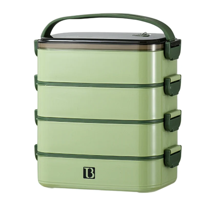 Stainless steel multi-layer insulated lunch box with good rectangular sealing, large button capacity, light green color, four la