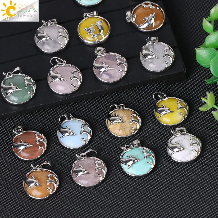 CSJA Healing Dolphin Charm Pendant Natural Stone Cabochon Crystal Ocean Animal Pendants Making DIY Jewelry Accessories H030