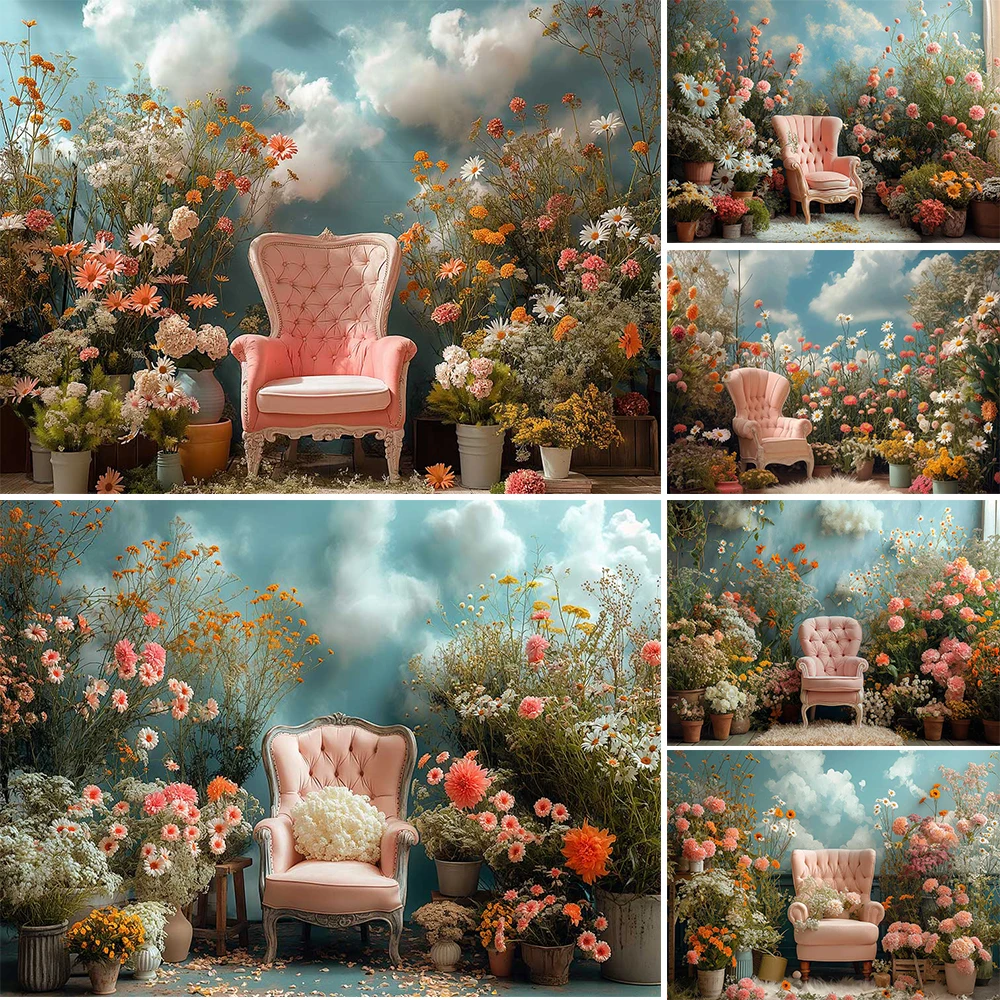 Mocsicka fondo de jardín para niña de las flores, sofá rosa, cielo azul, nubes, decoración, telón de fondo para recién nacido, Baby Show Photozone Studio