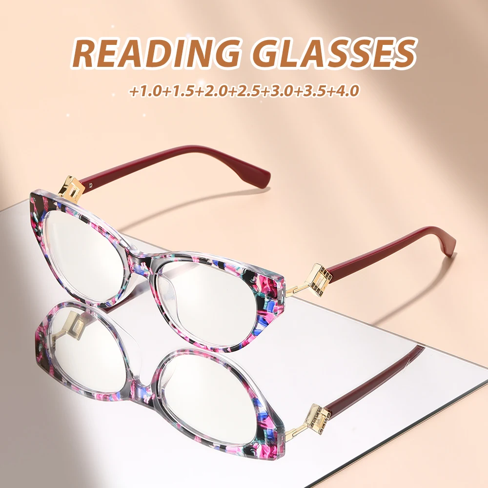 Oyalie Fashionable Patterned Lightweight Reading Glasses with Transparent Patterned Material and Metal Decorative Buckle, Stylish Temples, Exquisite Style, Say Goodbye to the Old-Fashioned Look, Comfortable and Practical, Long-Wearing Without Pressure, Suitable for Various Outfits, Clear Vision, Prescription Coverage from +1.00 to +4.00 Degrees