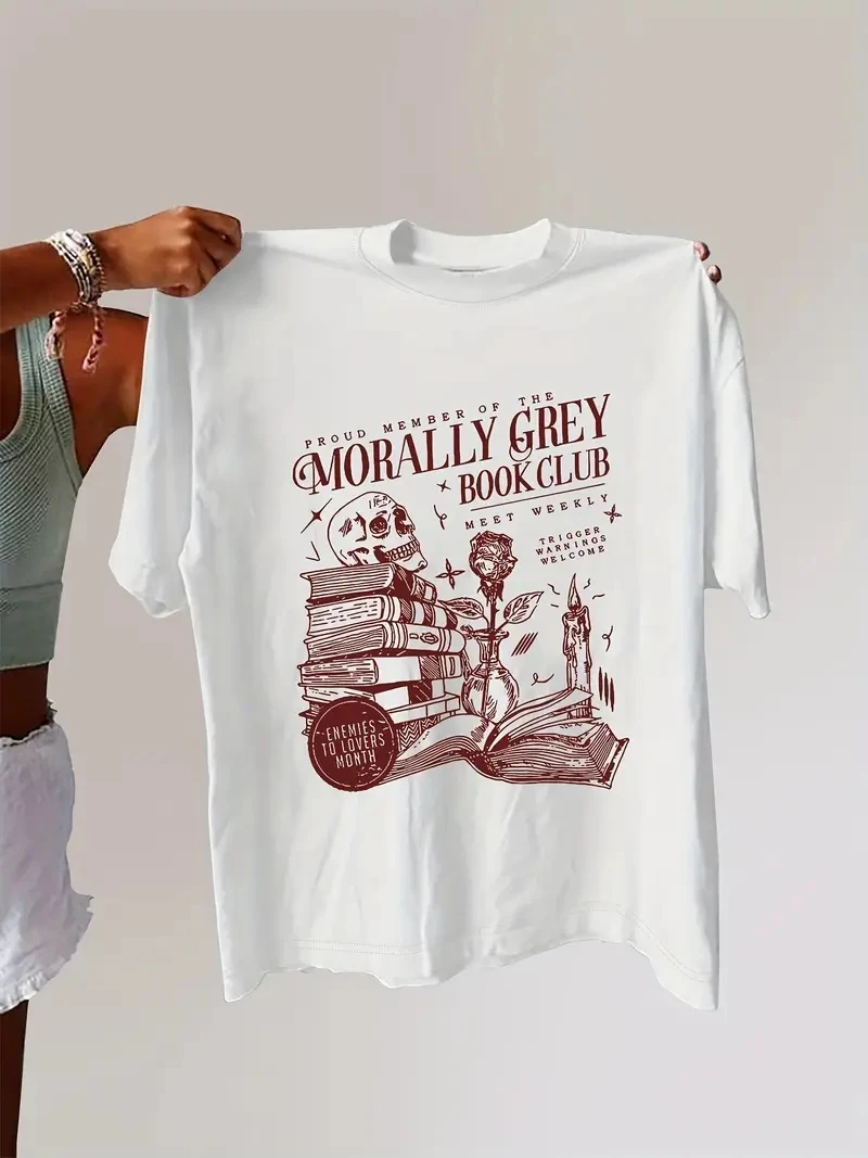 プラスサイズ レディース カジュアル スカル ブック プリント クルーネック Tシャツ - 春夏向け ソフト 半袖Tシャツ - リラックスフィット