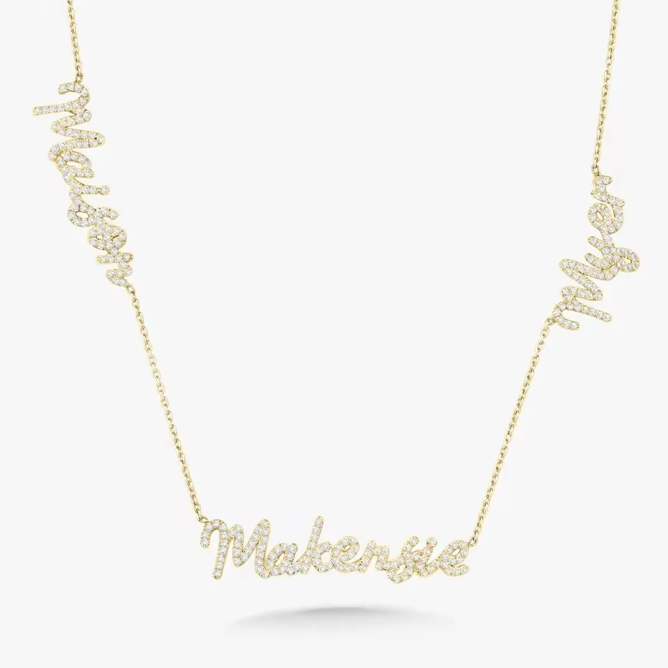 Customized 3D Name Necklace Personalized Multi-Name Cursive Crystal Letters Pendant 925 Sterling Family Mom Gift for Women Daily
