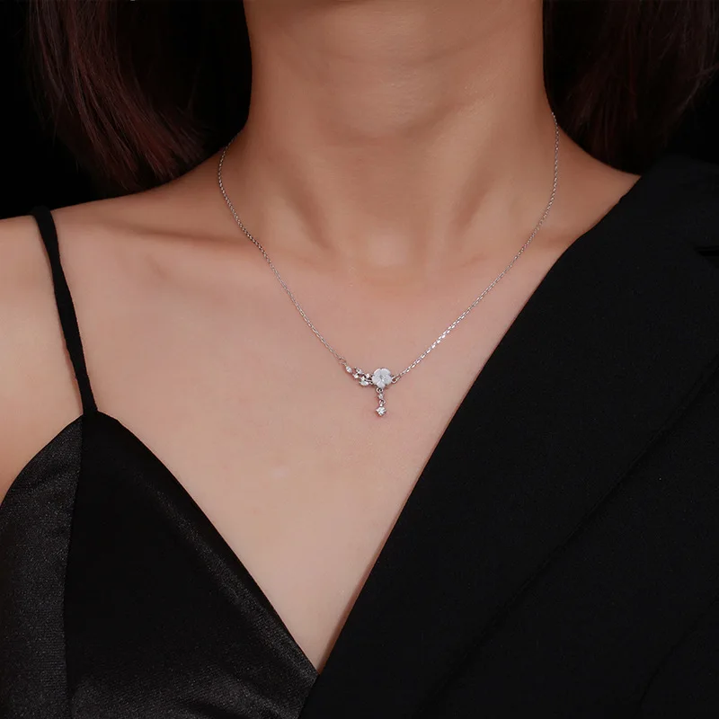 S999 Pure Silver White Fritillaria Camellia Pendant Necklace, Branch Flower Necklace, Female Collarbone Chain