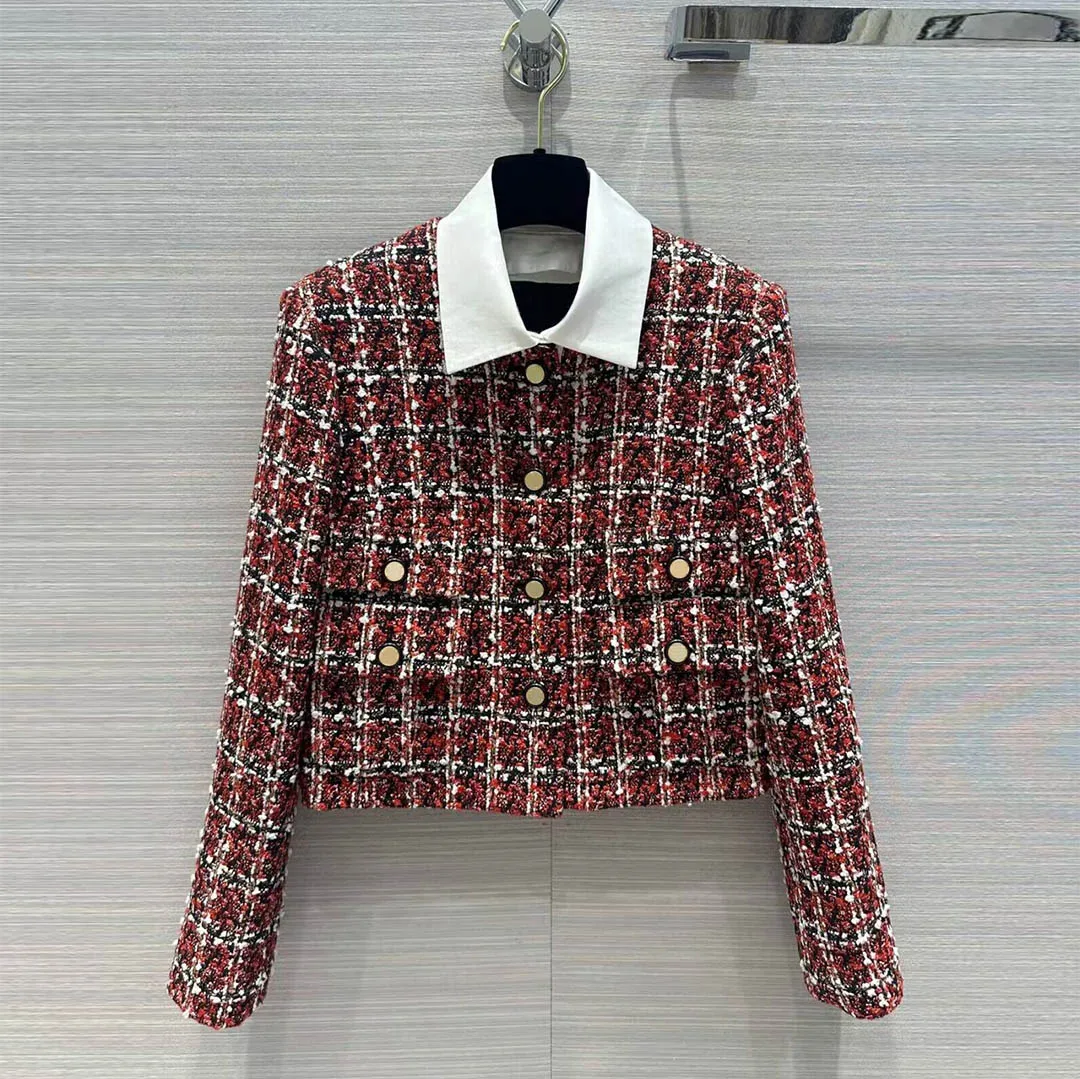 2024 New Fashion Patchwork Turn-down Collar Red Plaid Long Sleeve Vintage Tweed Coat Women Single Breasted Pockets Sweet Jacket