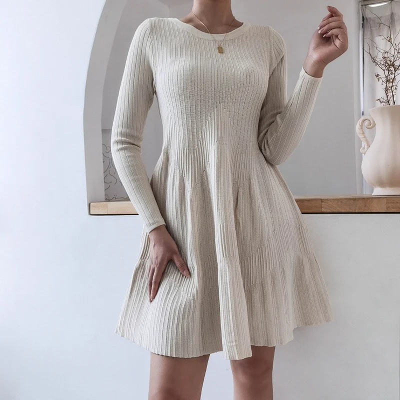 Vestido de punto de manga larga para mujer, Vestido corto informal, blanco roto, moda de otoño e invierno, novedad de 2022