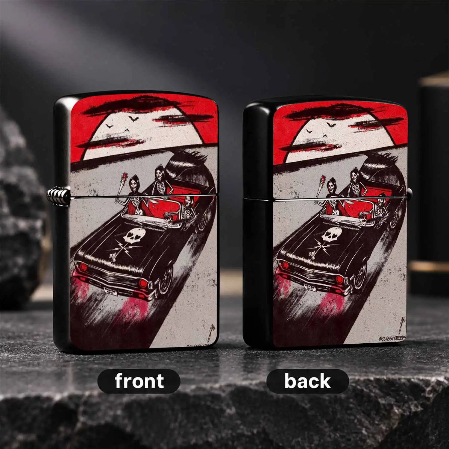 Dark Retro Skeleton Ride Themed Pocket Lighter, Cool Red Black Creative Art Pattern, Stylish Portable Accessory For Daily Outdoor Gathering, Unique Gift For Friends, Full Scene Adaptable Decorative Fun Trendy Ornament, Durable Novelty Perso