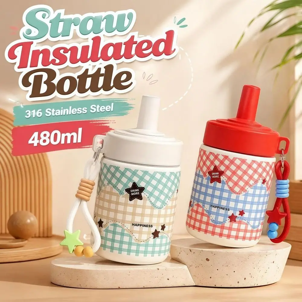 316 Stainless Steel Straw Insulated Bottle 480ml Heat Retaining Cartoon Vacuum Mug Leak Proof Handle Rope