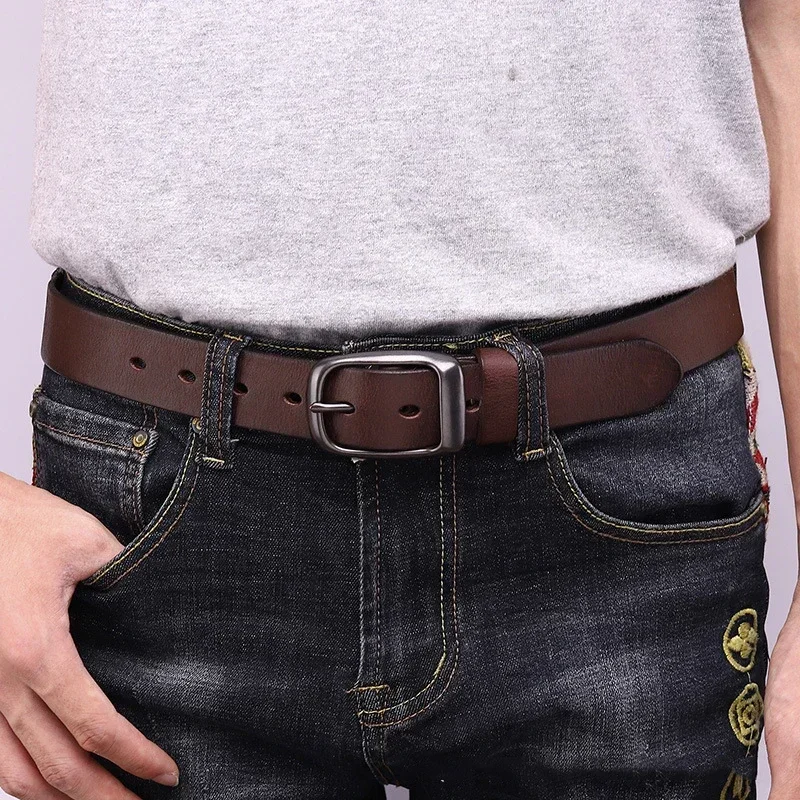 Ceintures en cuir véritable de vache pur pour hommes, 3.3CM, haute qualité, avec boucle en laiton, Cowboy, styliste de mode