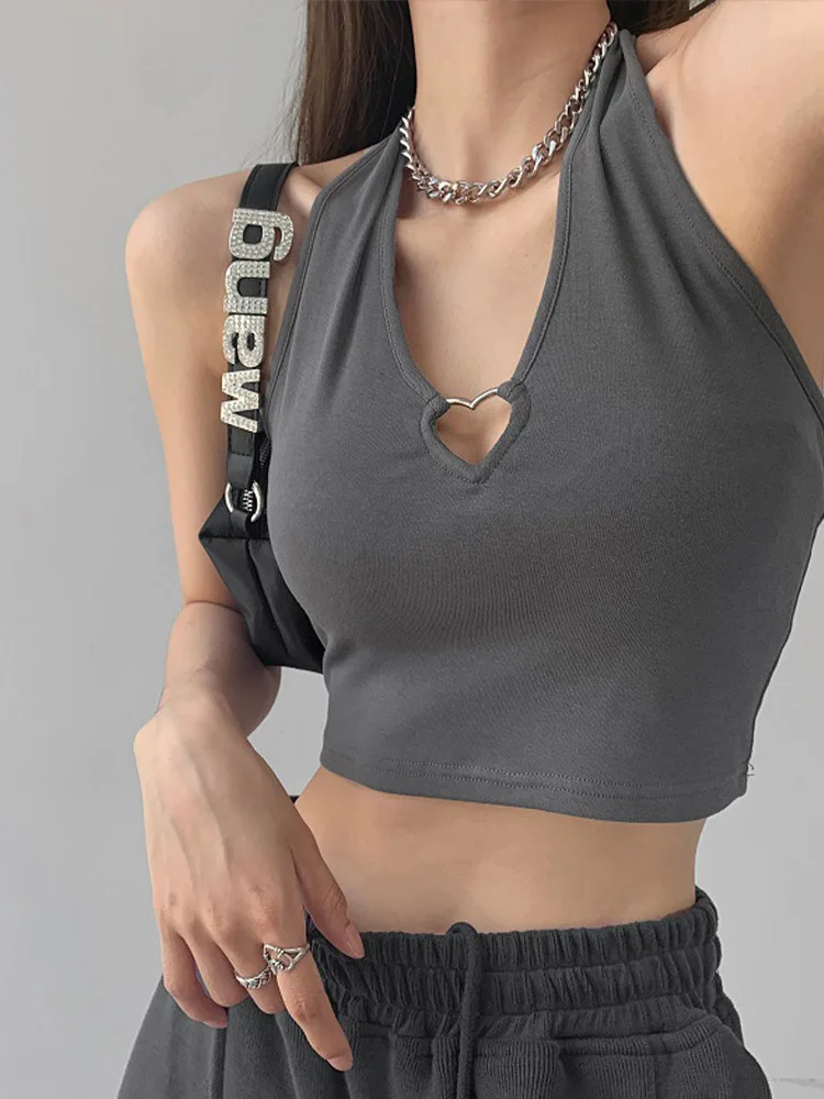 Women V Neck Hearted Hollow Out Halter Camis Tank Tops Summer Fashion Slim Cropped Lace Up Camisole