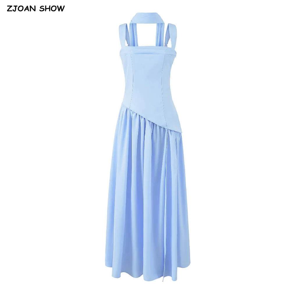 Vestido largo con tirantes, escote en forma de barco y cuello con pañuelo, diseño con cordones cruzados en la espalda, cintura baja, dobladillo fruncido y abertura. Vestidos, trajes.