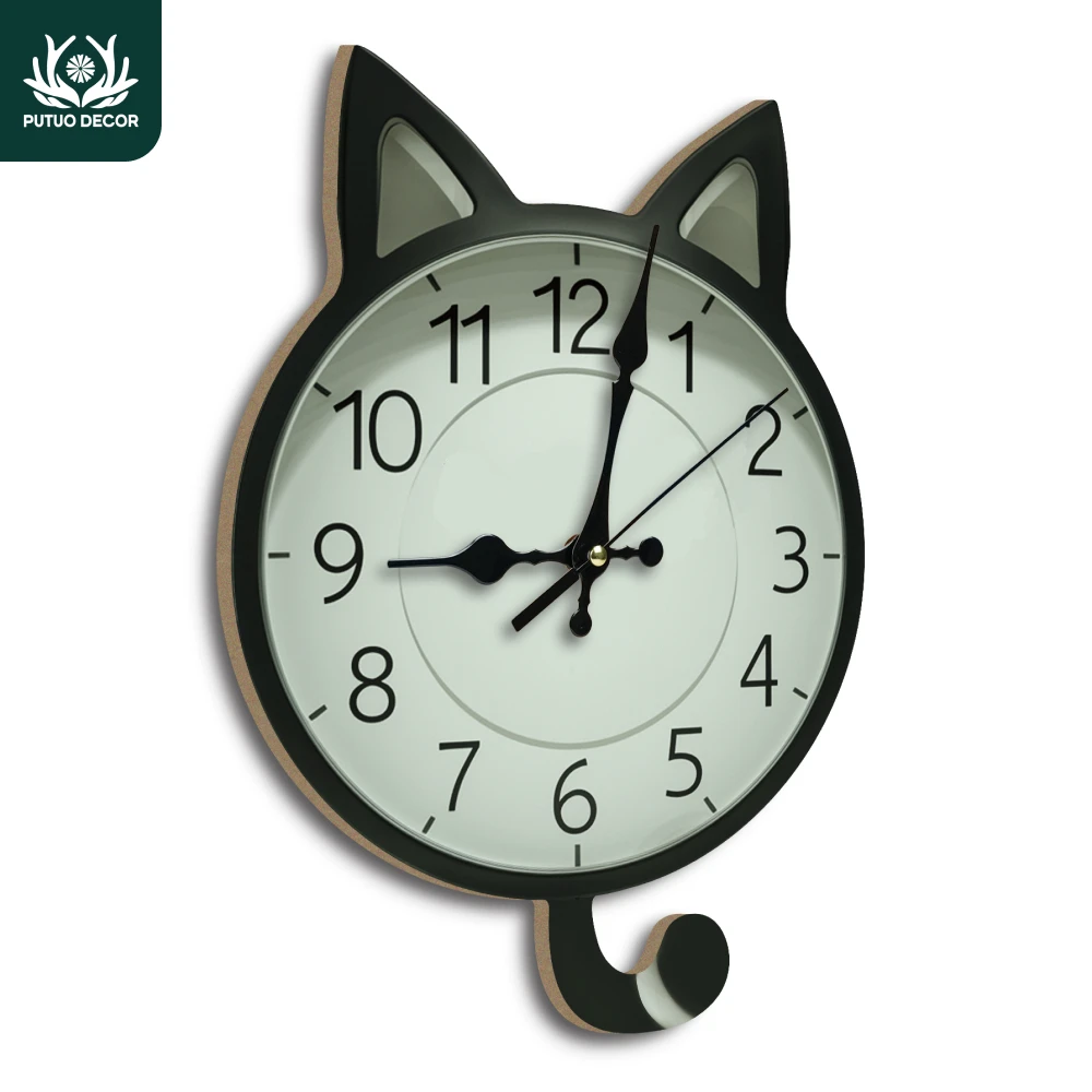 

Putuo Decor 1pc Wall Clock Wooden Hanging Decoration with Cat Element, Wall Art Decor for Home Living Room Bar Pub Office Studio