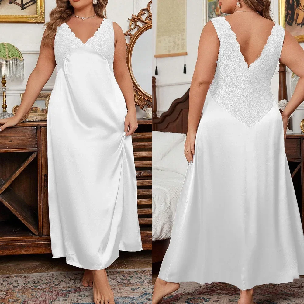 

Long Elegant Nightdress Women White Satin Homewear Sexy Lace Floral Nightgown Plus Size 3Xl 4Xl 5Xl Loungewear Casual Dress