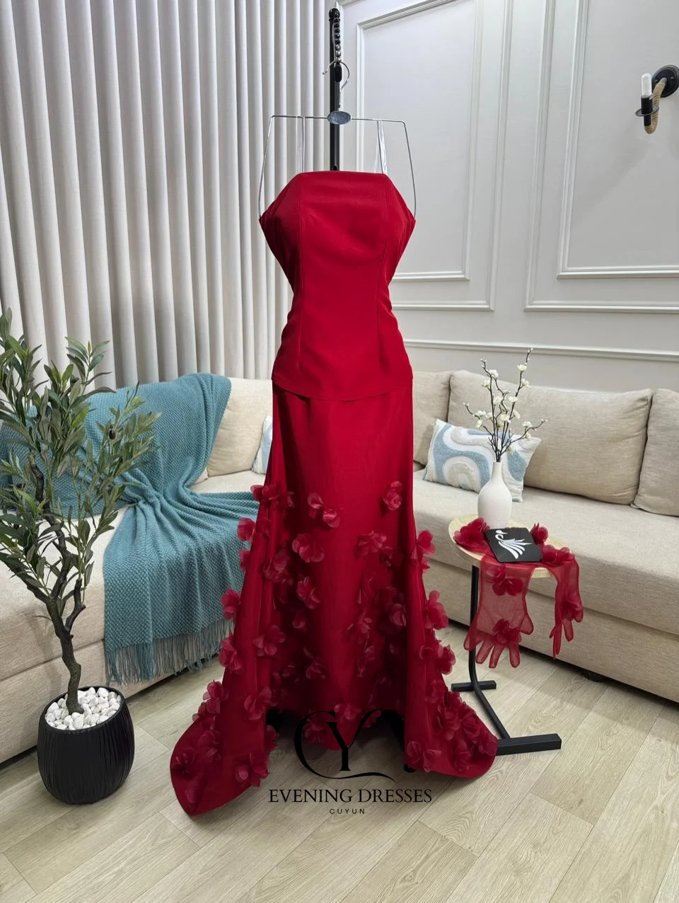 CUYUN Luxus Rot Abendkleider Sexy 3D Blumen Ärmellose Liebsten Elegante Prom Kleider Party Angepasst Vestidos De Noche