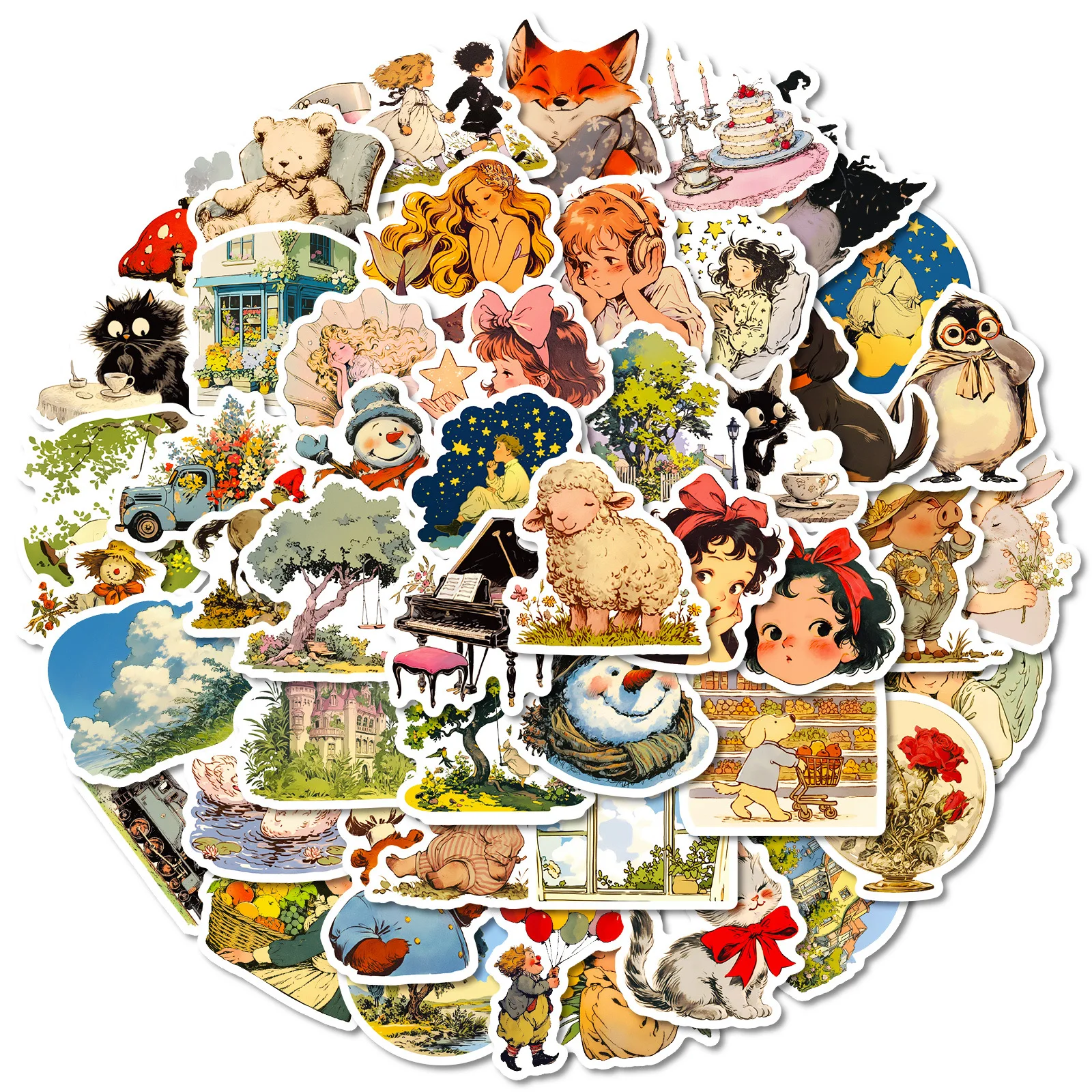 50PCS Märchen Stil Cartoon Aufkleber Retro Ländlichen Graffiti DIY Dekoration Kinder Spielzeug Gepäck Laptop Gitarre Auto Fahrrad Skateboard
