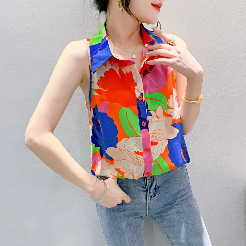 2025 Summer Women's Shirt Print Sleeveless Single Breasted Blouse Fashion Turn-down Collar  Womens Tops Loose Shirts for Women