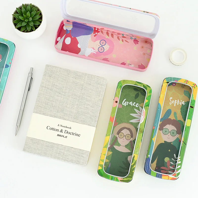 Window Opening Student Pencil Case Cute Tin Pen Box Stationery Holder Desk Organizer School Supplies Storage Accessories Forest