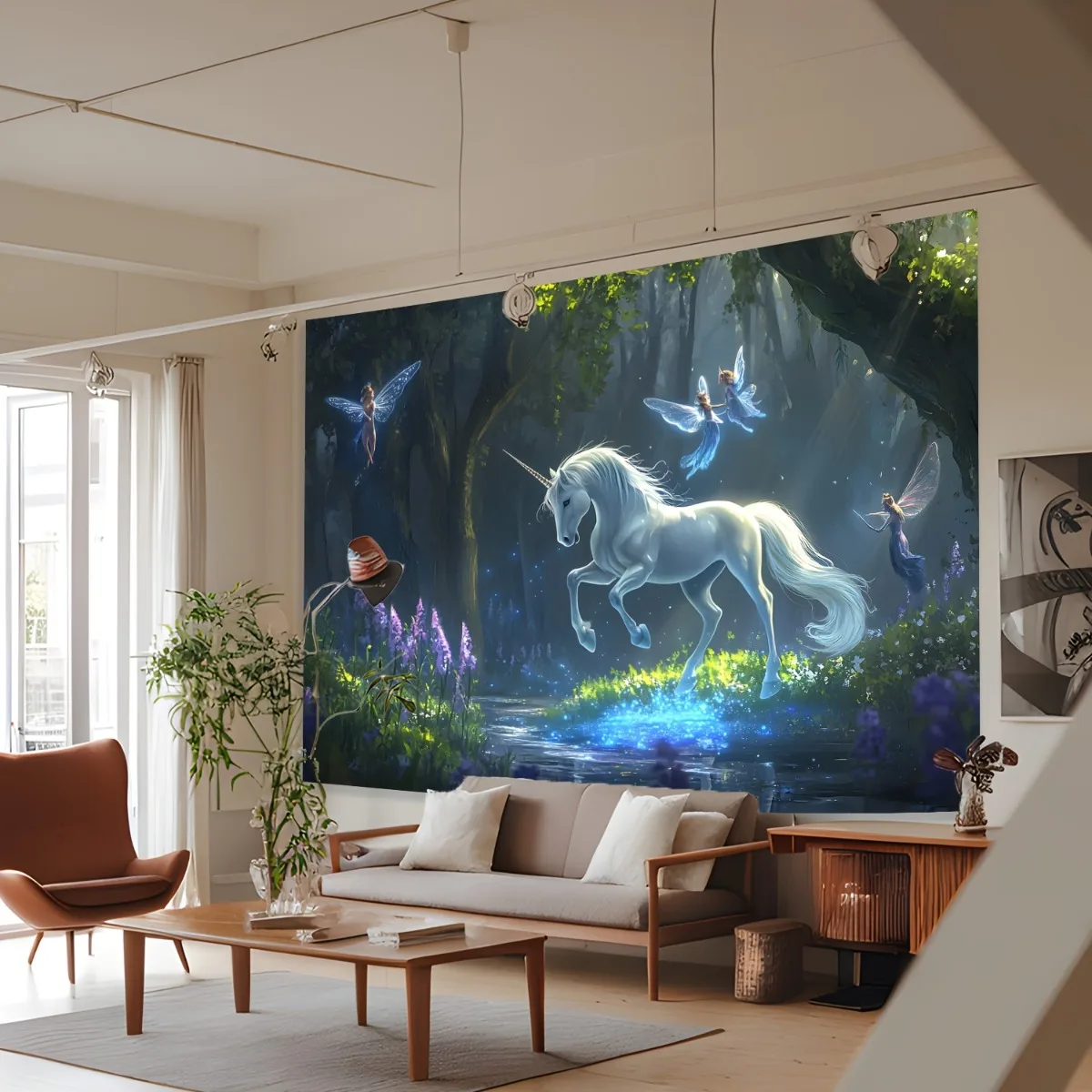 Large Fantasy Unicorn Fairy Tapestry Wall Hanging Magical Enchanted Forest Woodland Scene Room Decor Art Mythical Creatures 180x